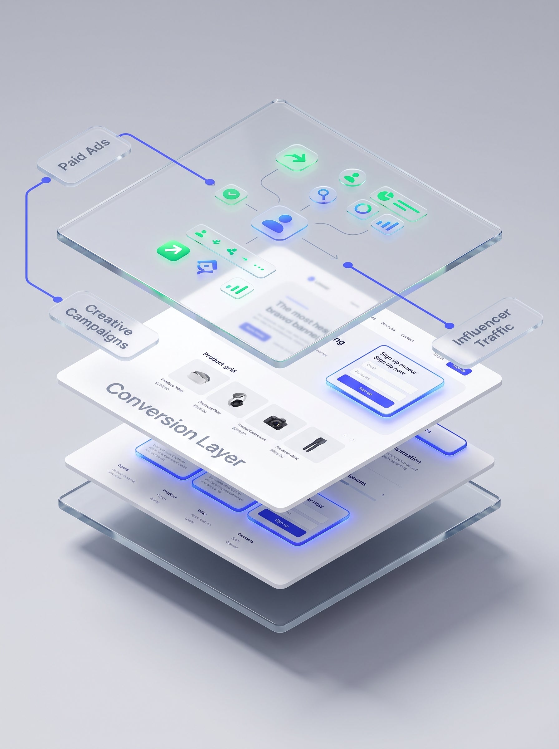 Isometric 3D stack showing traffic sources flowing into the website conversion layer